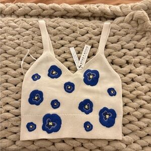 Cream and Blue Floral Knit Top